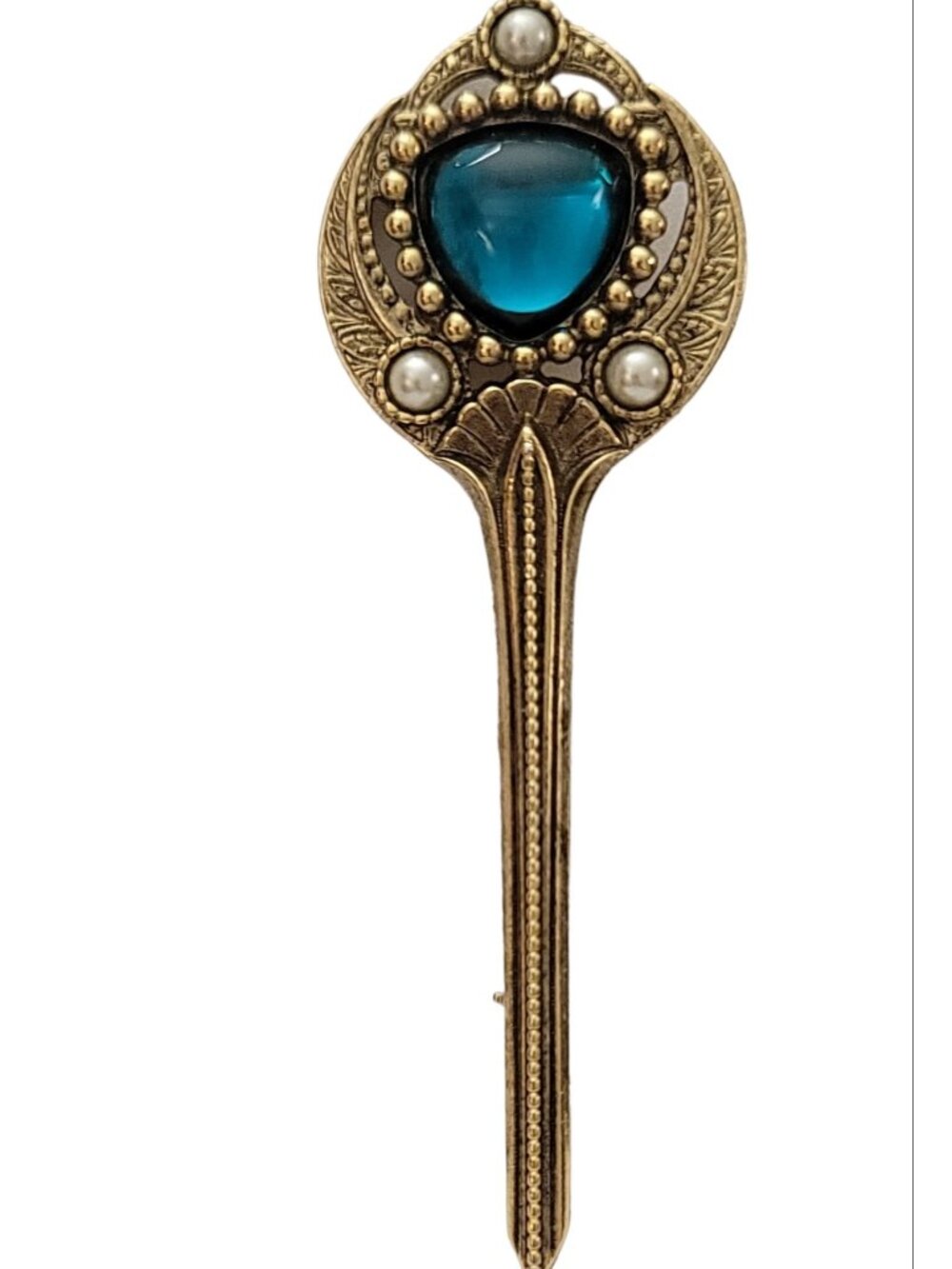 1928 Brand Aqua Turquoise Glass Stone Scepter Key Brooch K314